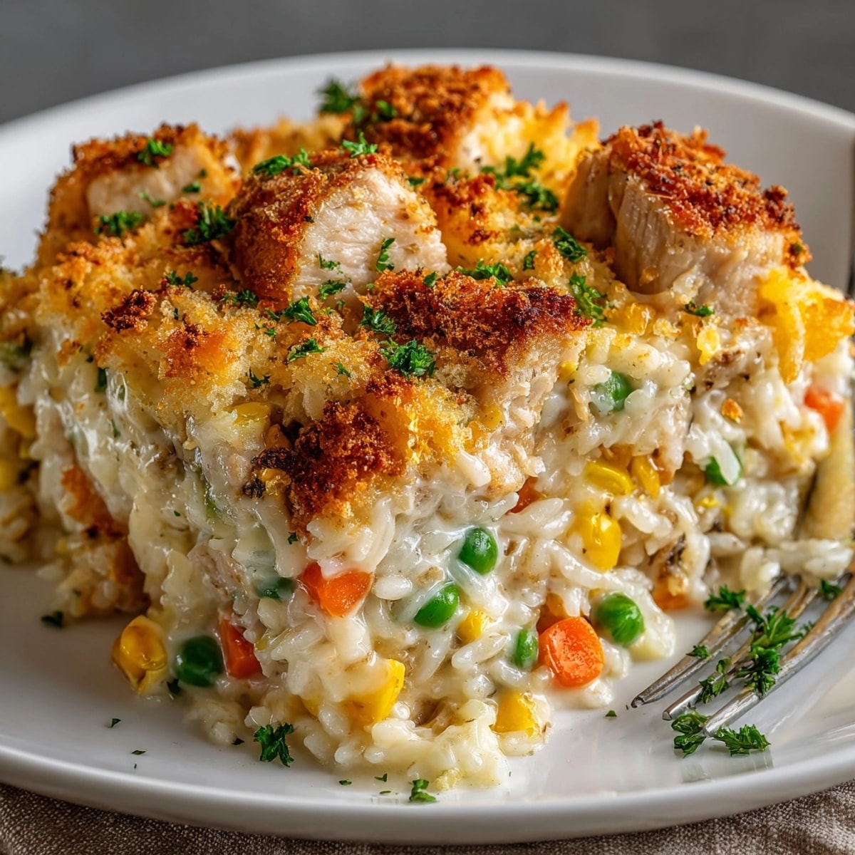 Cheesy Baked Chicken and Rice Casserole straight from the oven, golden and bubbling with crispy topping.