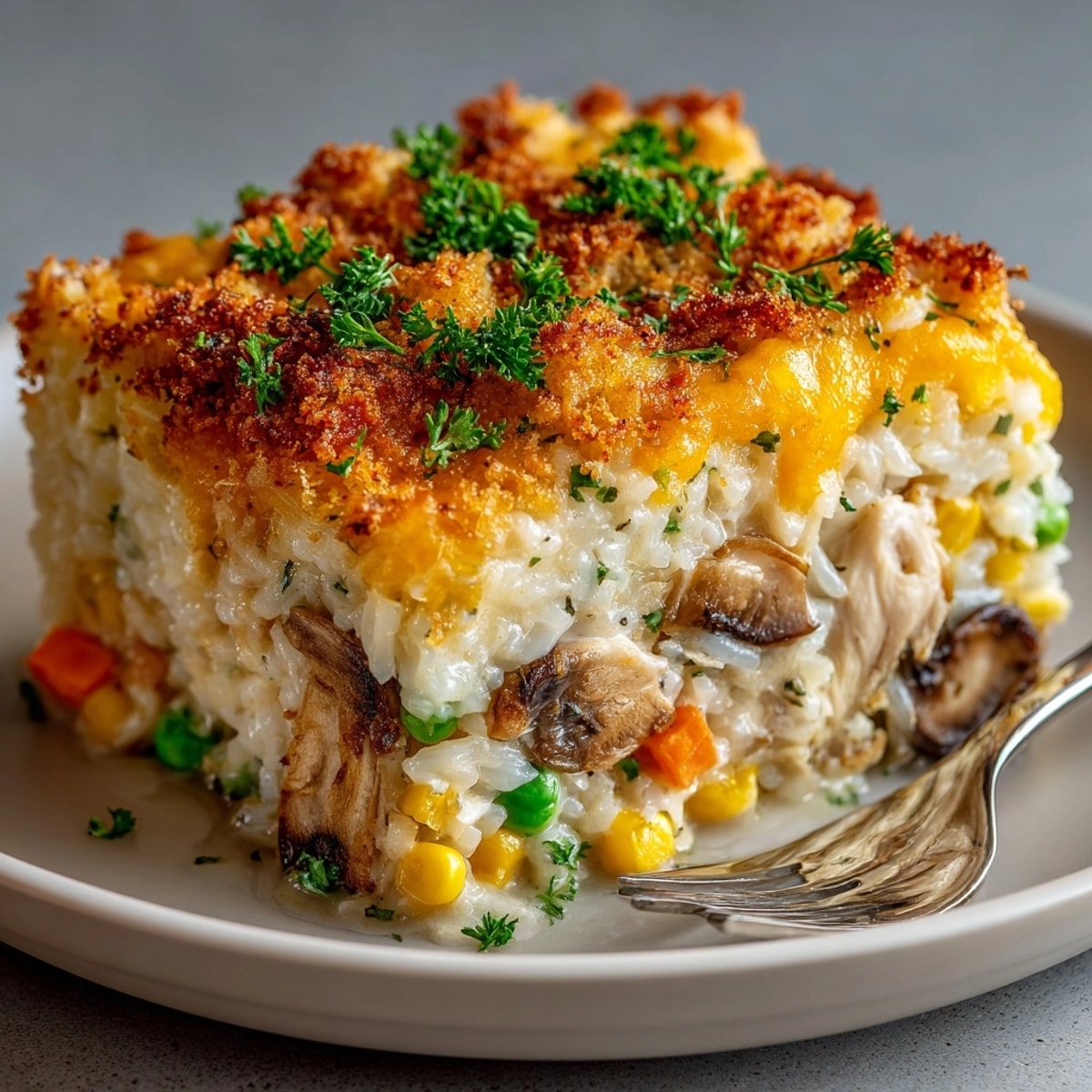Creamy Cheesy Baked Chicken and Rice Casserole served steaming hot, garnished with fresh parsley.