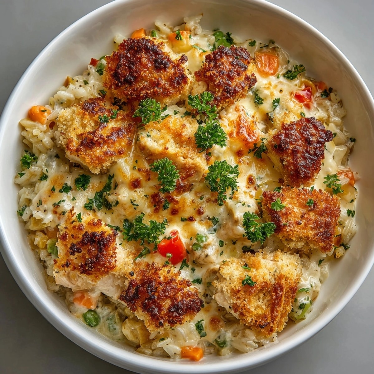 Classic Cheesy Baked Chicken and Rice Casserole plated for a hearty, comforting family dinner.