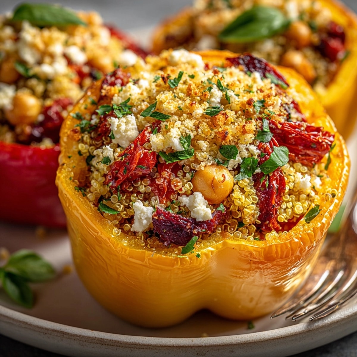 Mediterranean Stuffed Bell Peppers with Quinoa and Feta topped with fresh basil, ready to serve.