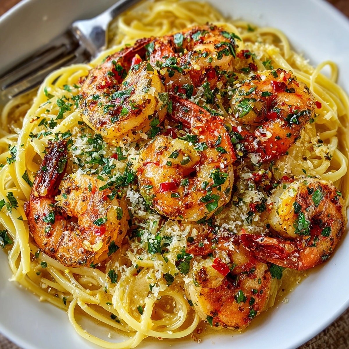 Garlic Butter Shrimp Pasta with juicy shrimp, silky noodles, and lemon-parsley garnish served hot.