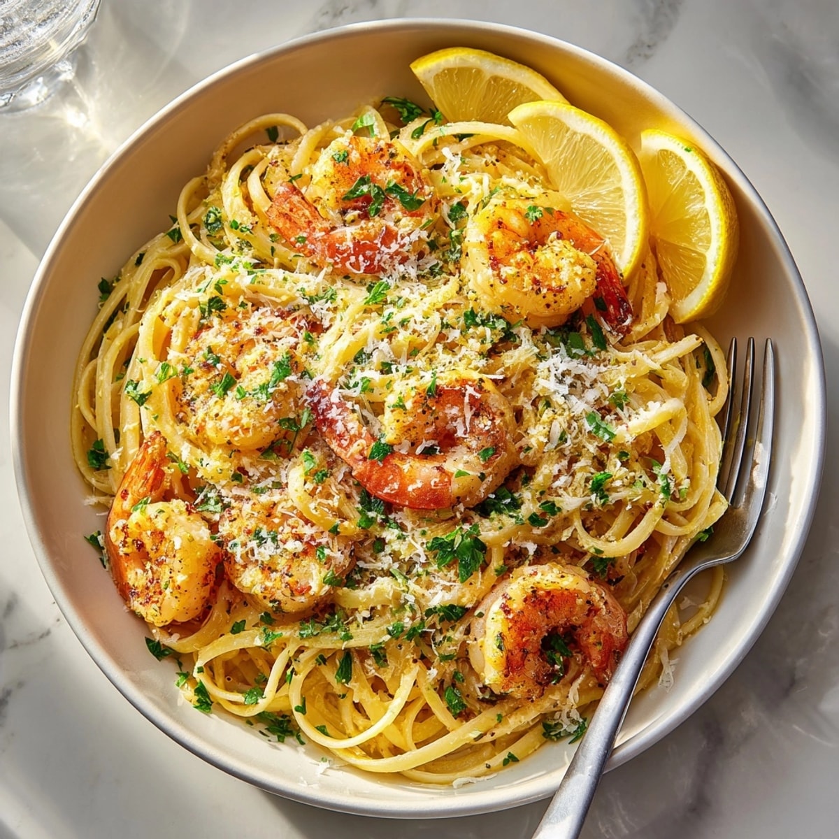 Bursting with flavors, this Garlic Butter Shrimp Pasta glistens in a creamy sauce for dinner.