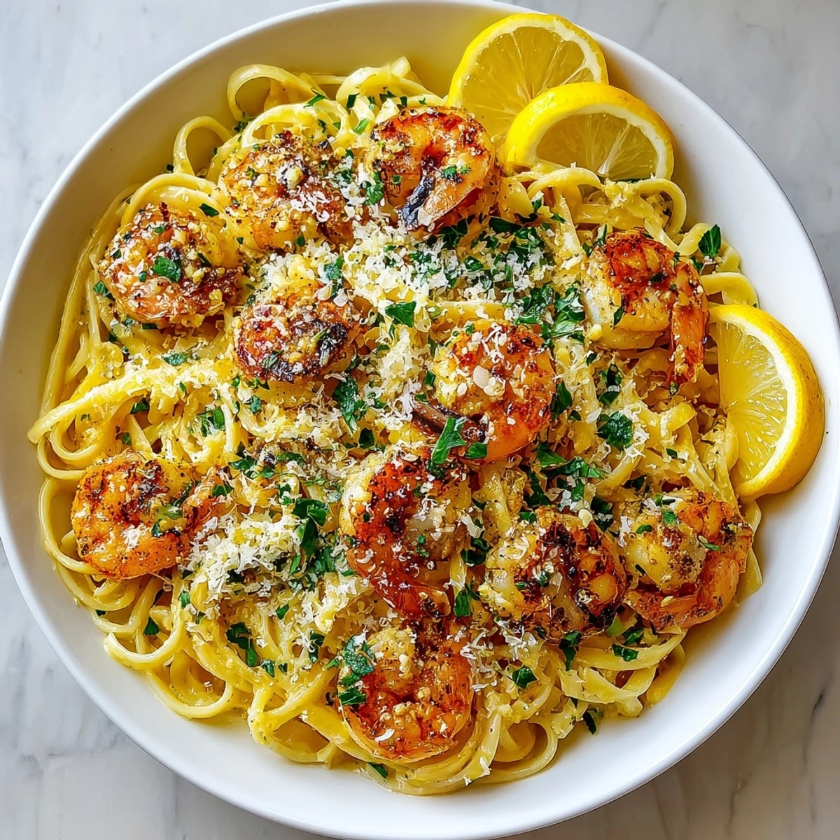 Creamy Garlic Butter Shrimp Pasta topped with fresh herbs and Parmesan, perfect for a quick meal.