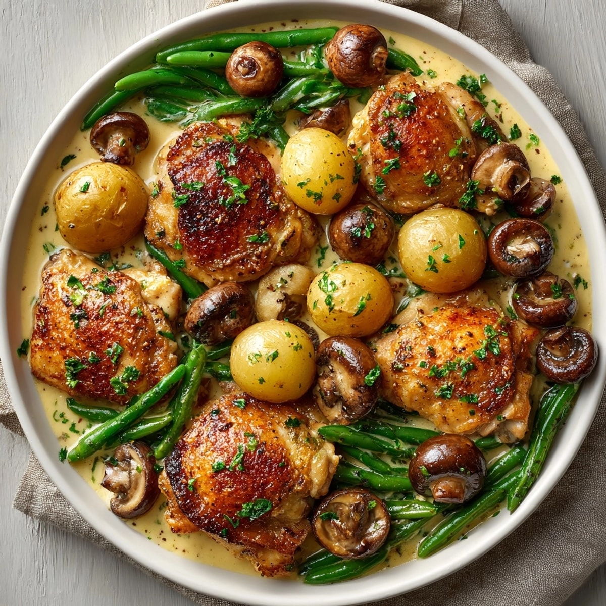 Hearty one-pot creamy chicken and mushroom skillet garnished with fresh parsley, ready to serve.