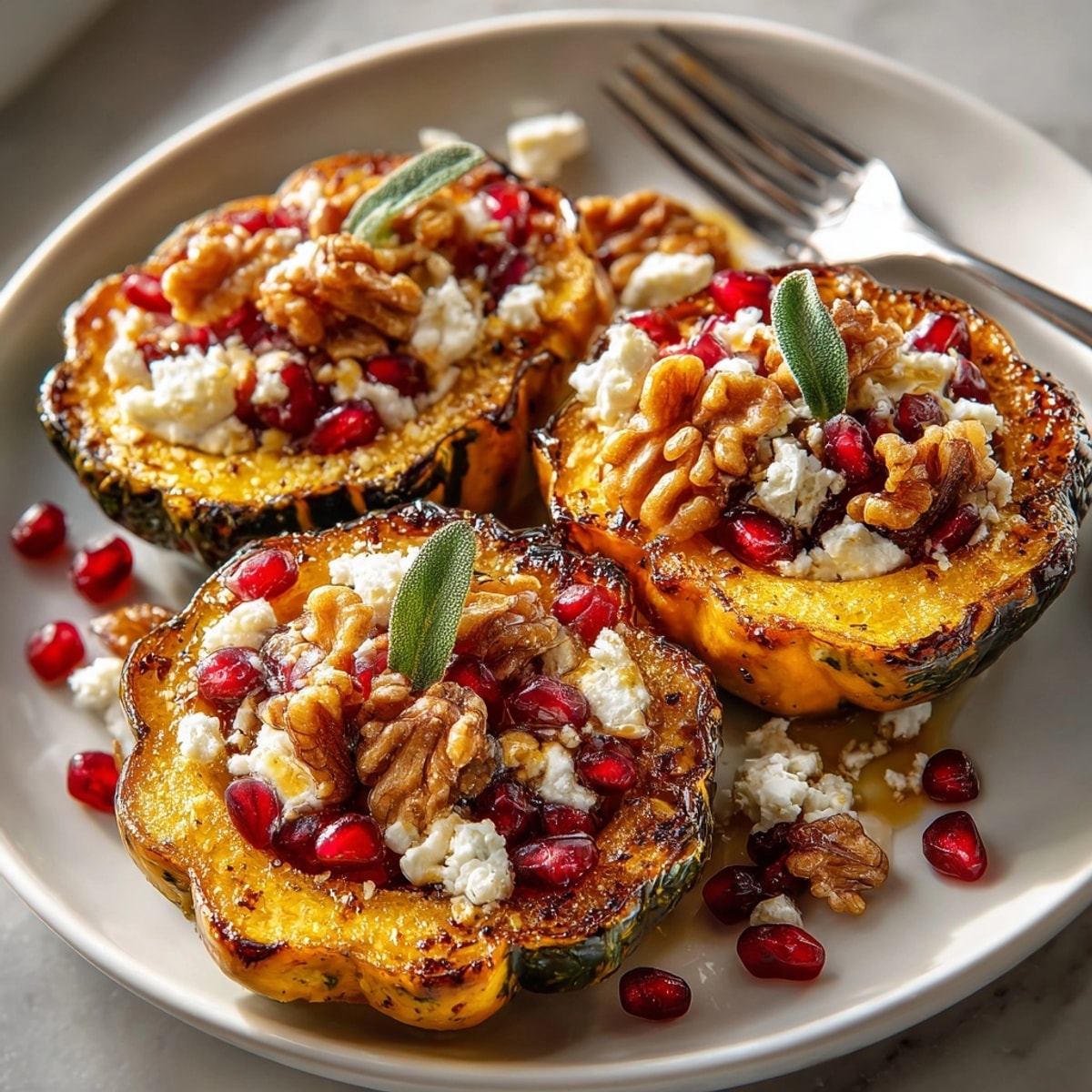 Maple Sage Roasted Acorn Squash with Pomegranate served warm, topped with toasted walnuts and pomegranate jewels.