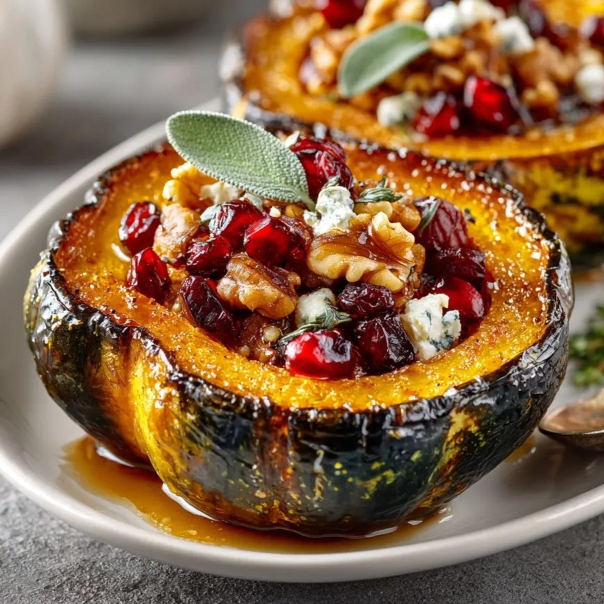 Close-up of maple sage roasted acorn squash with pomegranate, glistening with maple glaze and autumn spices.