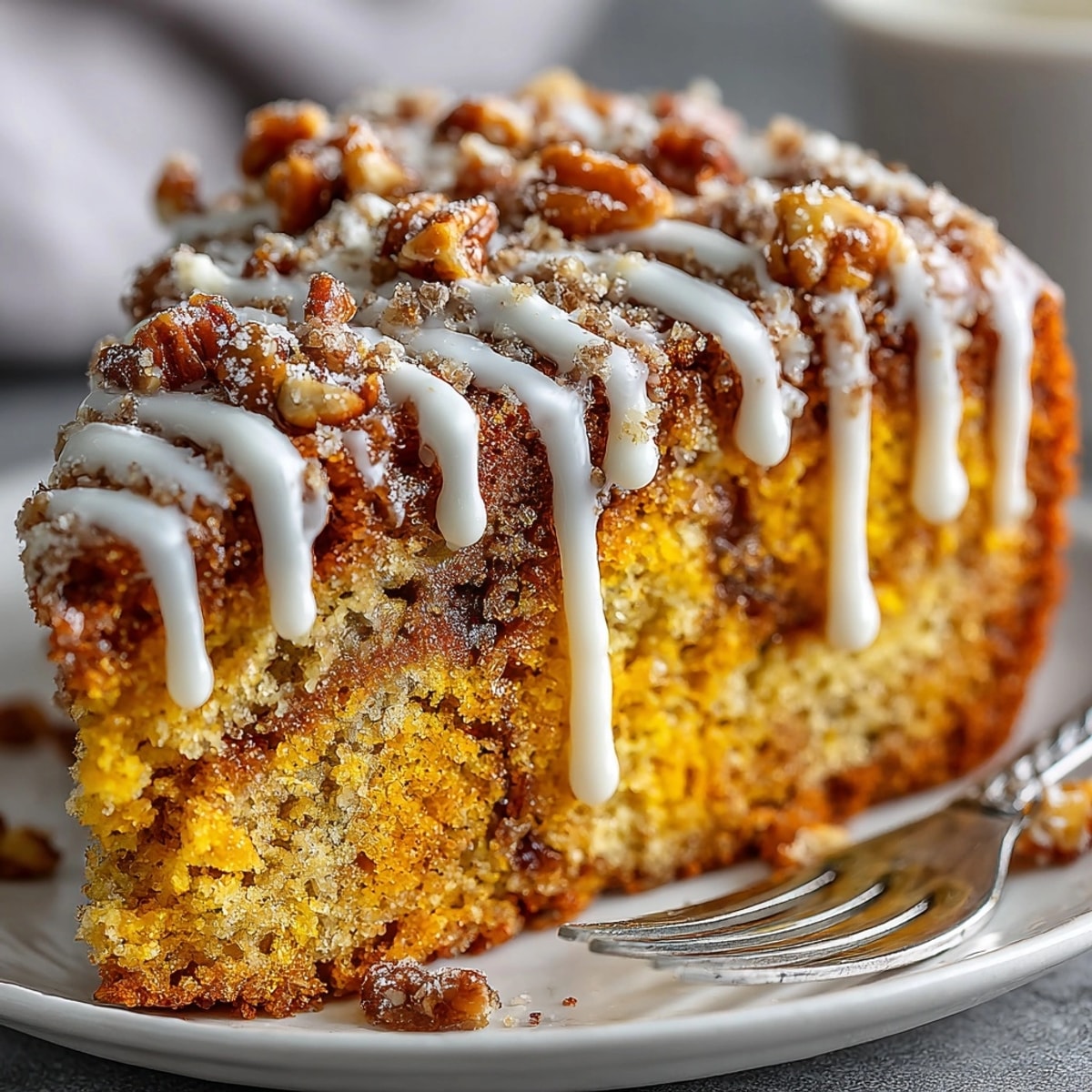 Moist Pumpkin Spice Chaos Cake, swirled and drizzled with glaze, ready to be sliced and enjoyed.
