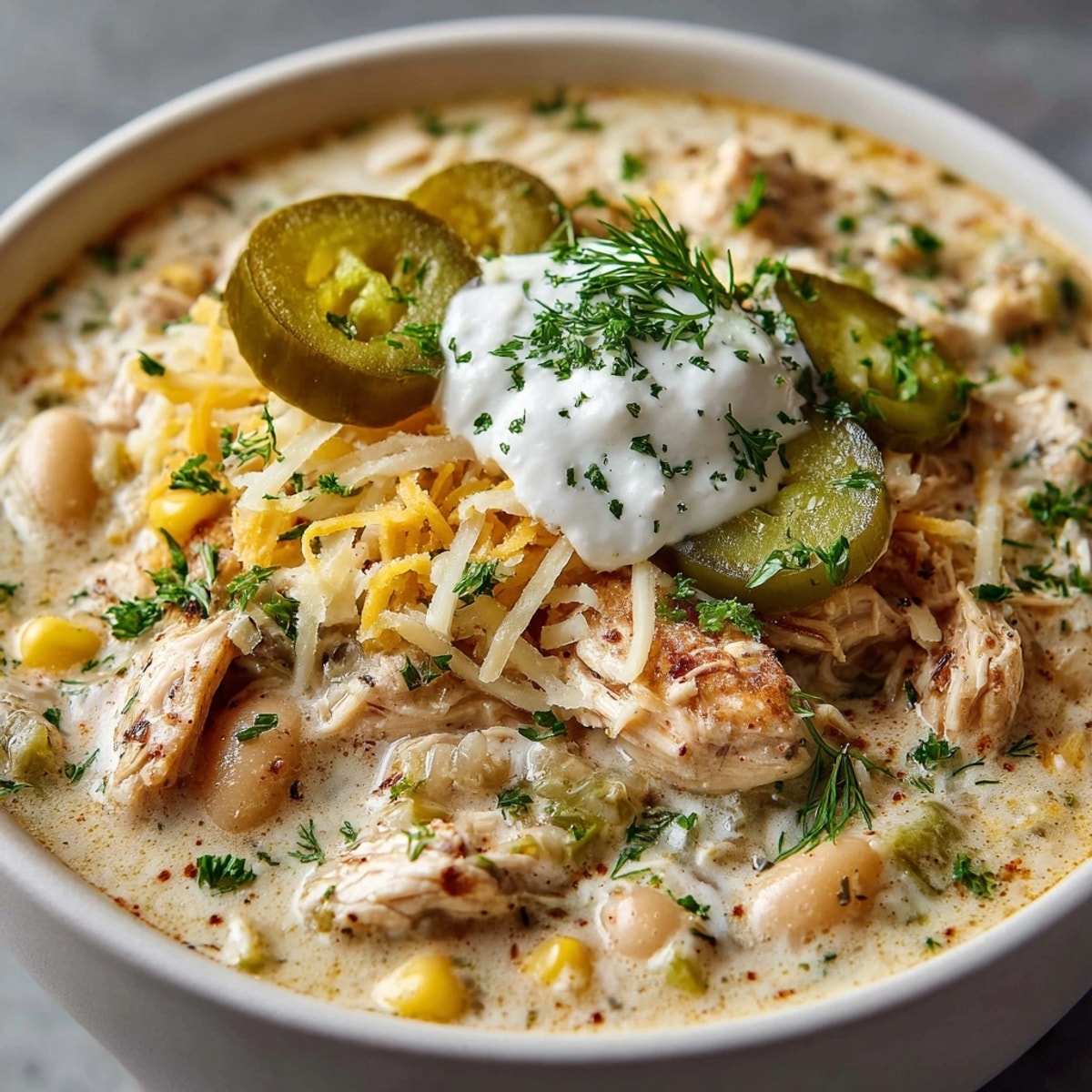 Creamy, flavorful Pickle-Infused White Chicken Chili, garnished with fresh dill and extra pickles, ready to enjoy.