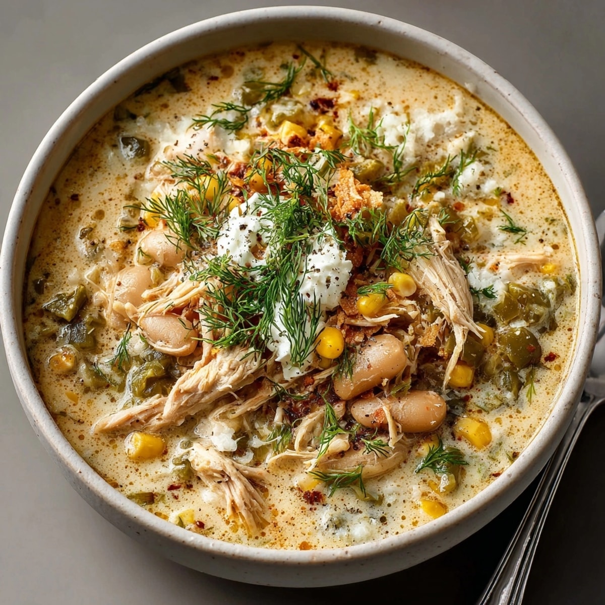 A close-up of the tangy Pickle-Infused White Chicken Chili, showing its creamy texture and colorful toppings.