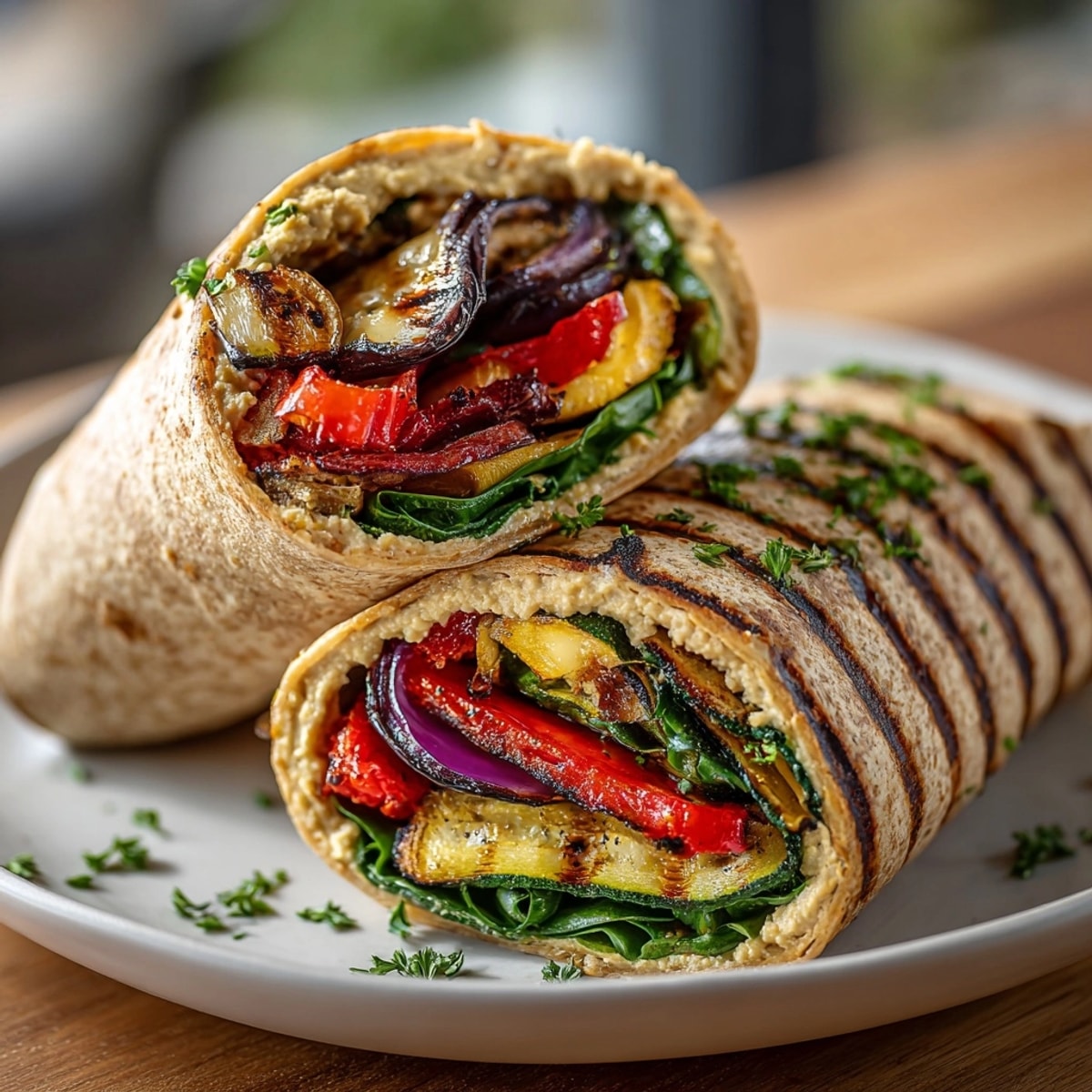 Grilled Veggie & Hummus Wraps bursting with colorful, perfectly grilled vegetables and creamy hummus.