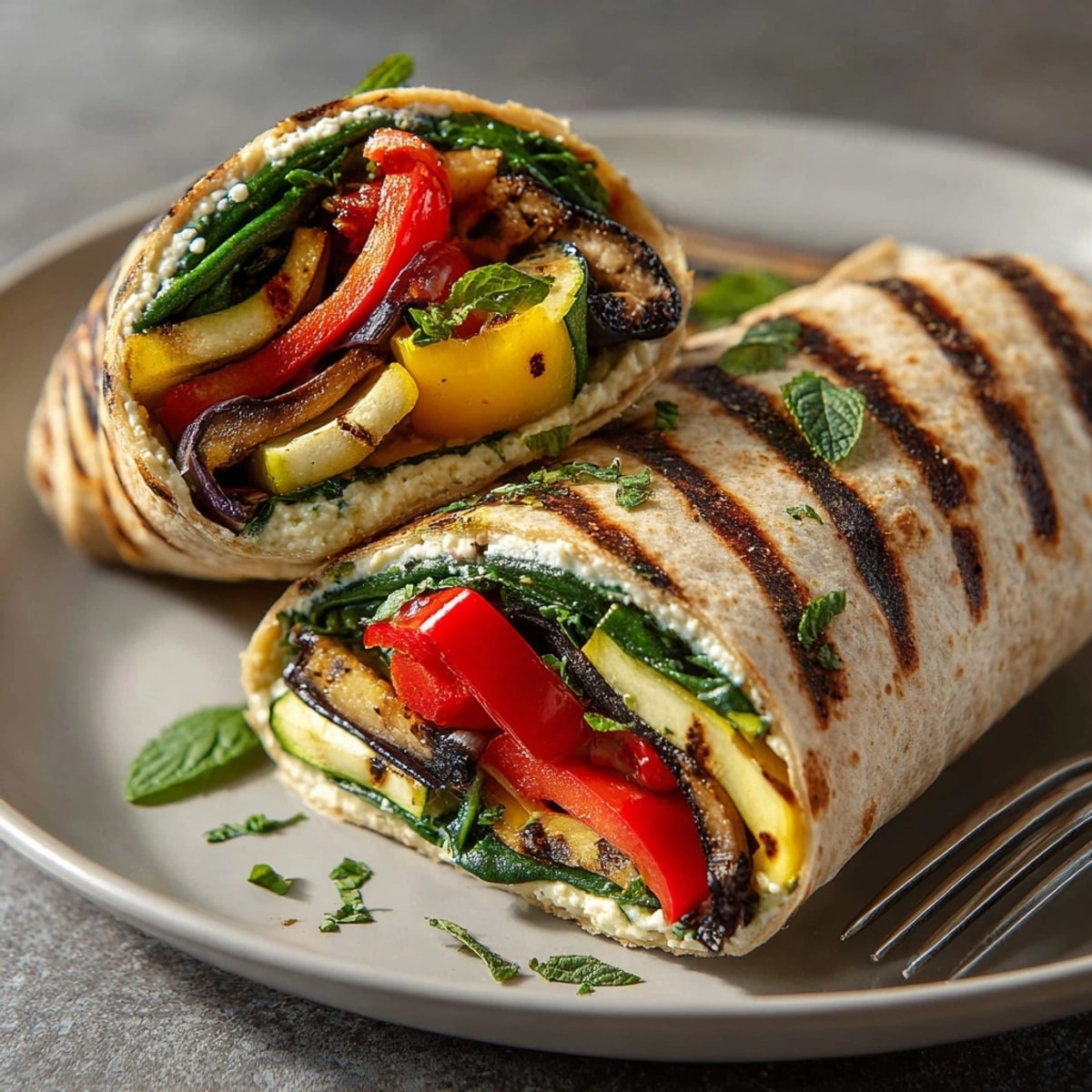 Deliciously healthy Grilled Veggie & Hummus Wraps, filled with flavorful, charred vegetables ready to eat.