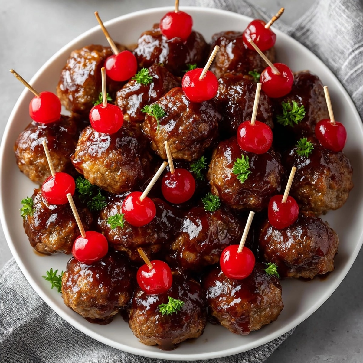 A close-up of the delicious, sticky Rebel Float Meatball Glaze coating tender meatballs, garnished with cherries.