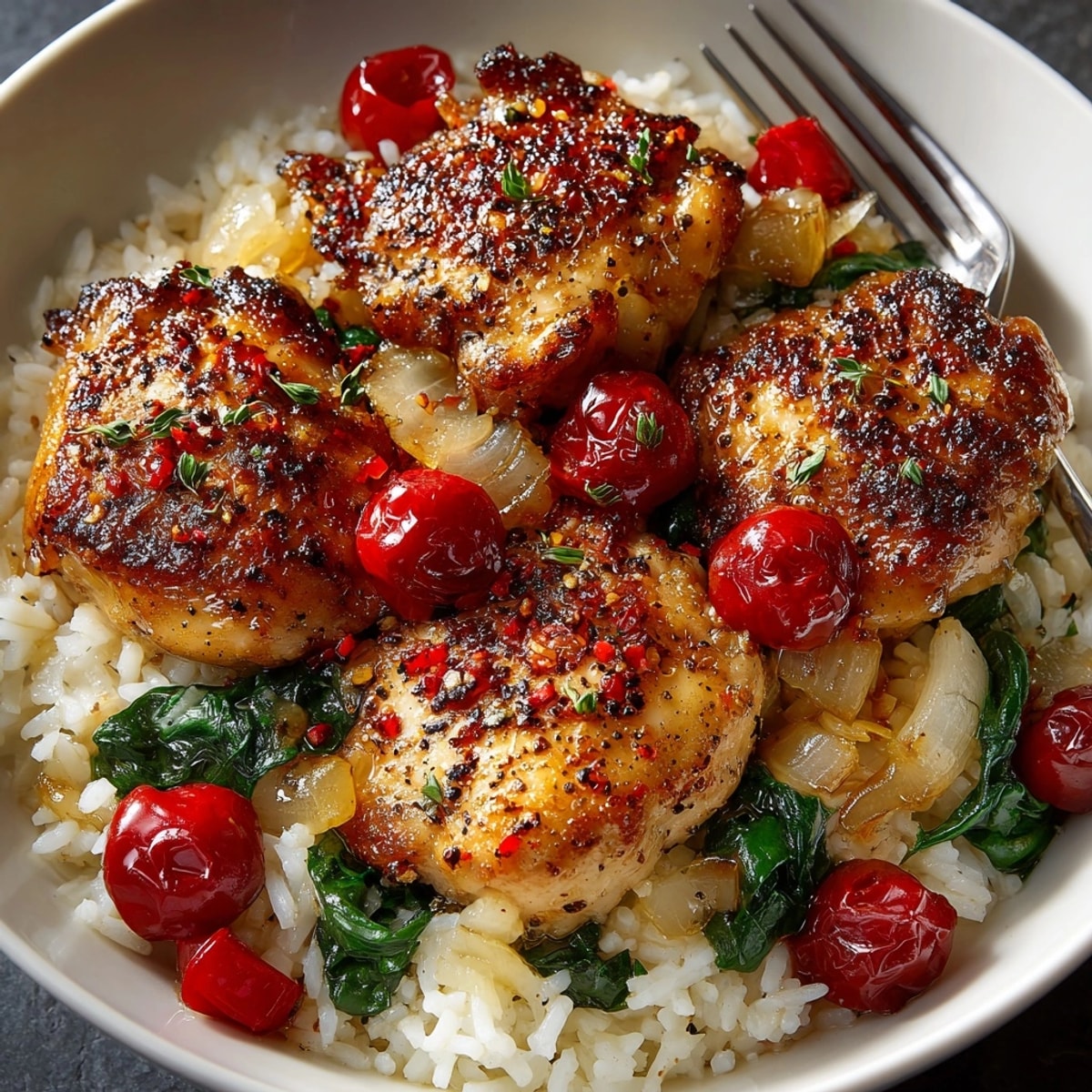 One-Pot Cherry Chicken Dinner: Tender chicken and glossy cherries atop fluffy rice, ready to serve.