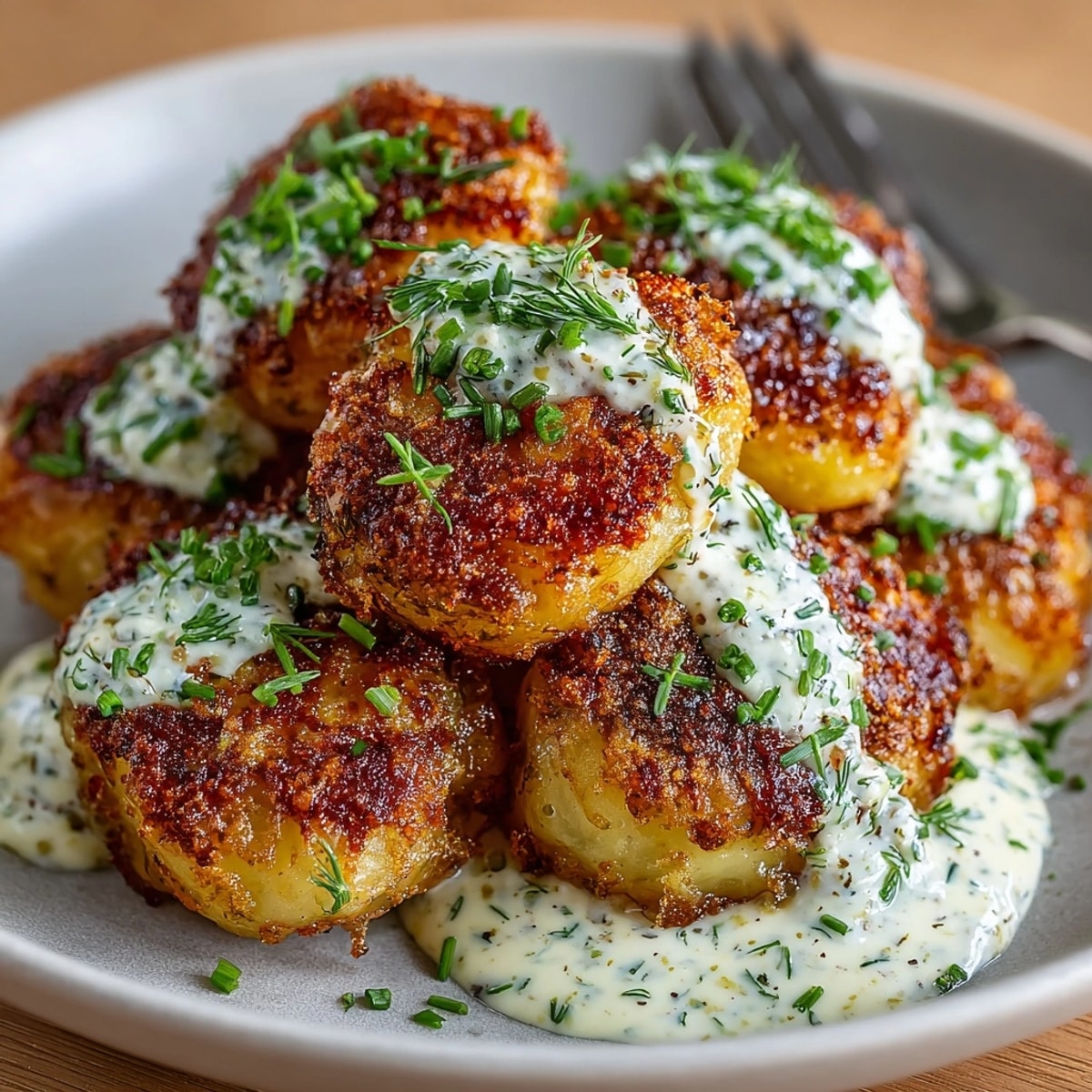 Golden-brown crispy ranch smashed potatoes with a vibrant drizzle of tangy Pickle Fix ranch sauce.