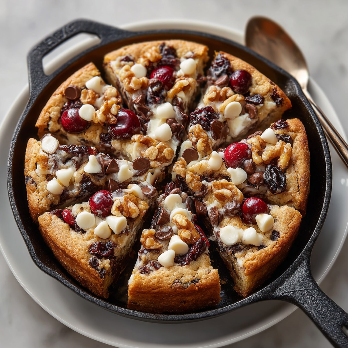 Warm, gooey Cherry Coded Skillet Cookie with melted chocolate chips and bright red cherries.