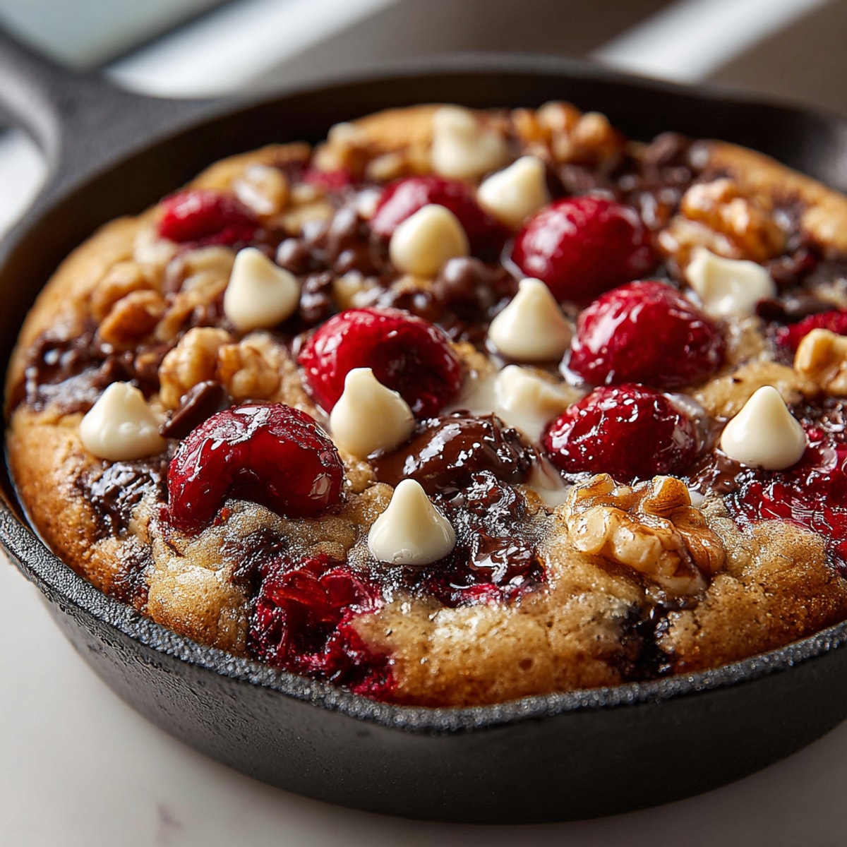 A freshly baked, golden brown Cherry Coded Skillet Cookie ready to be sliced and served.