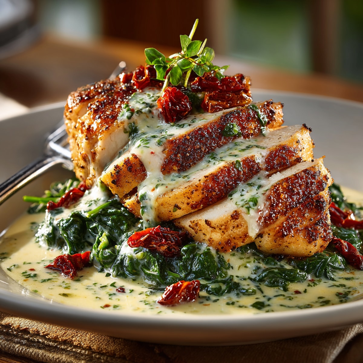 Creamy Tuscan Chicken in a single pot, showcasing tender chicken in a rich, sun-dried tomato sauce.