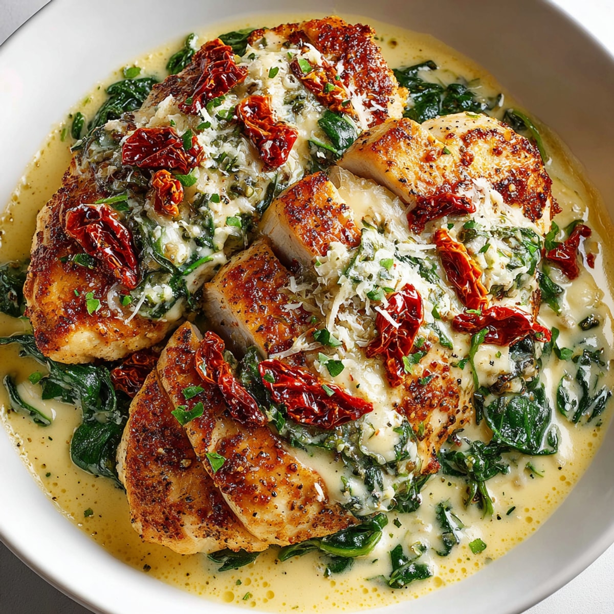 A close-up of One-Pot Creamy Tuscan Chicken, ready to be served with a sprinkle of Parmesan cheese.