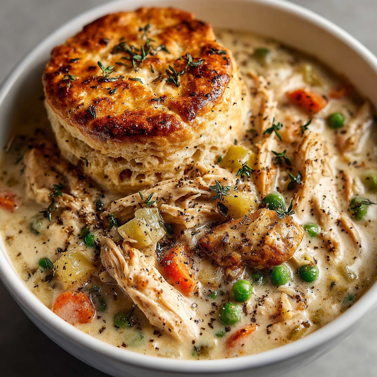 Delicious, creamy chicken pot pie bowls topped with golden biscuits, a comforting American classic.