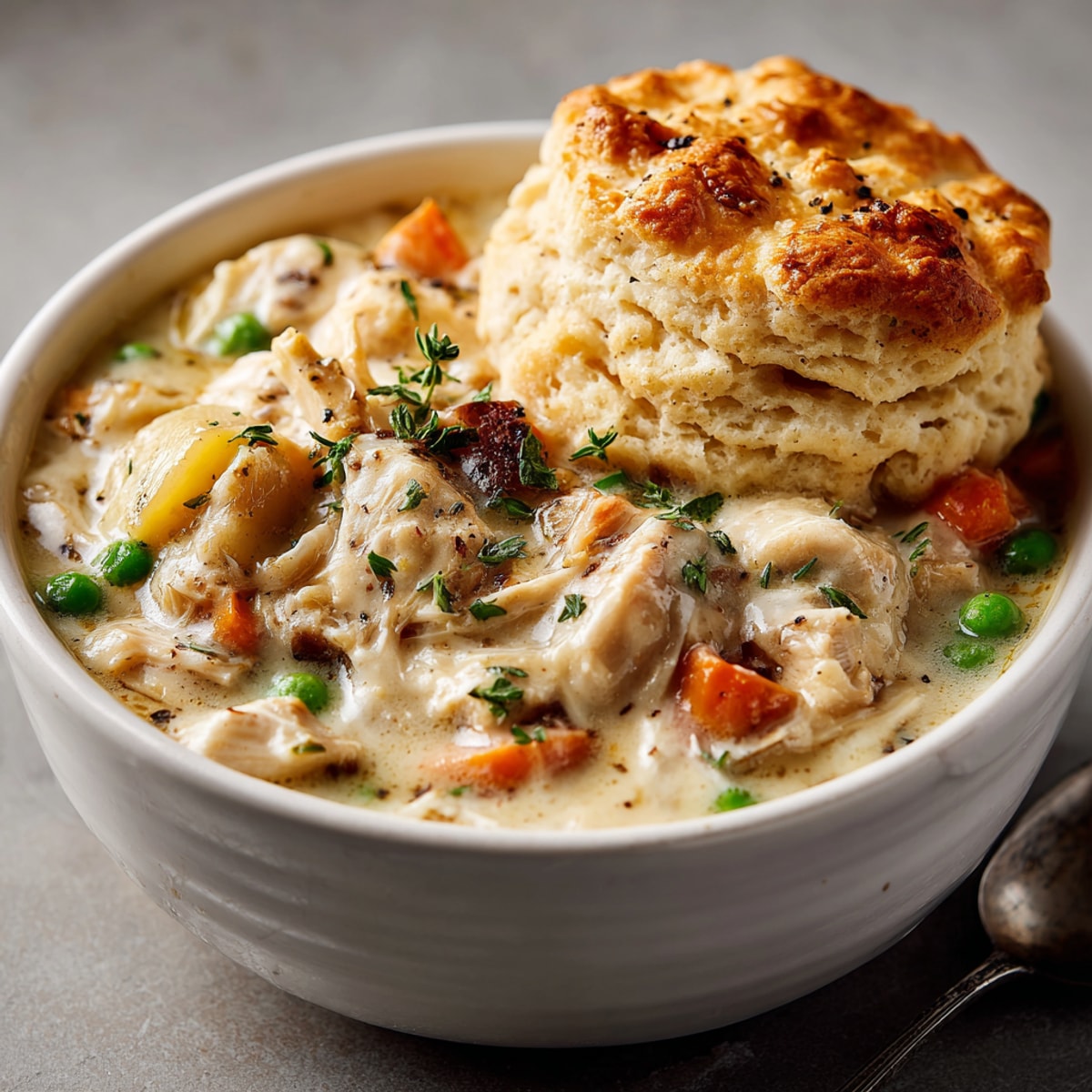 Warm, savory chicken pot pie bowls bursting with tender chicken and vegetables, ready to enjoy.