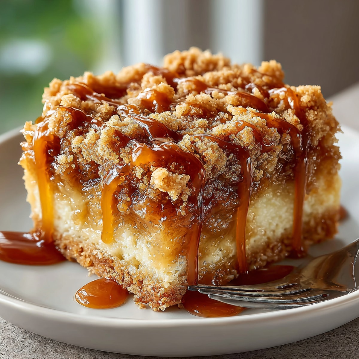 A close-up of delicious, golden Chaos Apple Pie Bars, drizzled with caramel sauce.