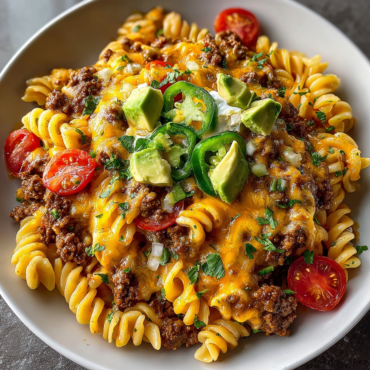 Taco Pasta Skillet: A bubbling skillet of cheesy pasta, beef, and tomatoes ready to eat with toppings.