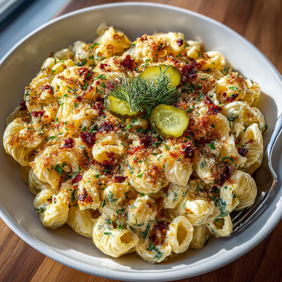 Golden, bubbly Modern Mac and Cheese with Pickle Fix, a comfort food dream with crunchy breadcrumbs.