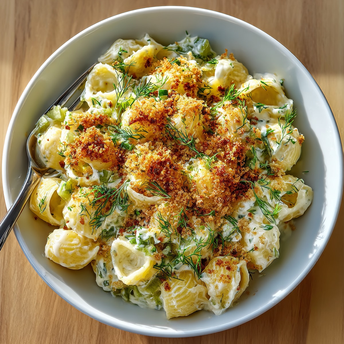 Vibrant, creamy Modern Mac and Cheese with Pickle Fix, showcasing a hearty, meatless meal topped with dill pickles.