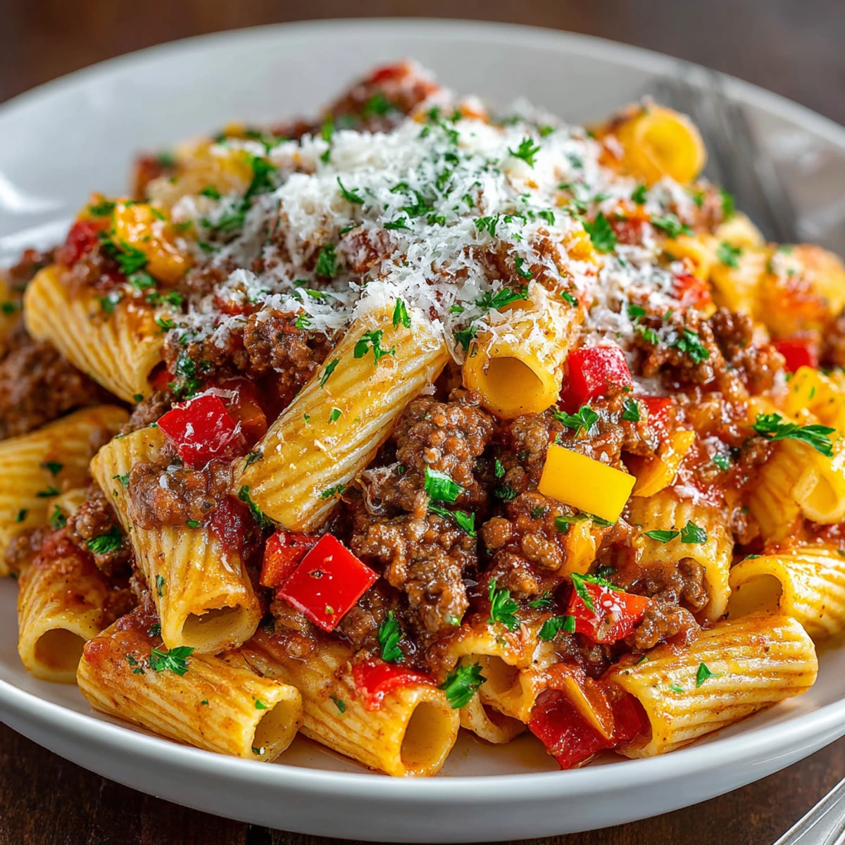 Steaming bowl of Spicy Family Chili Pasta, ready to serve, with fresh herbs and Parmesan.