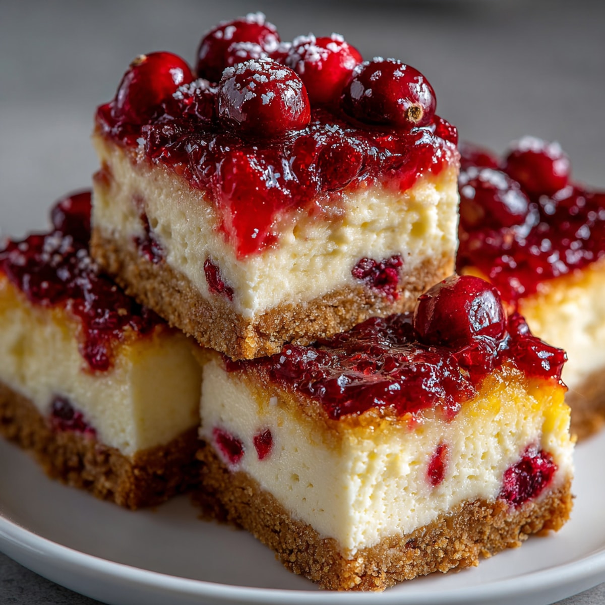 Bright overhead shot of homemade Cranberry-Orange Cheesecake Bars with a festive cranberry topping.