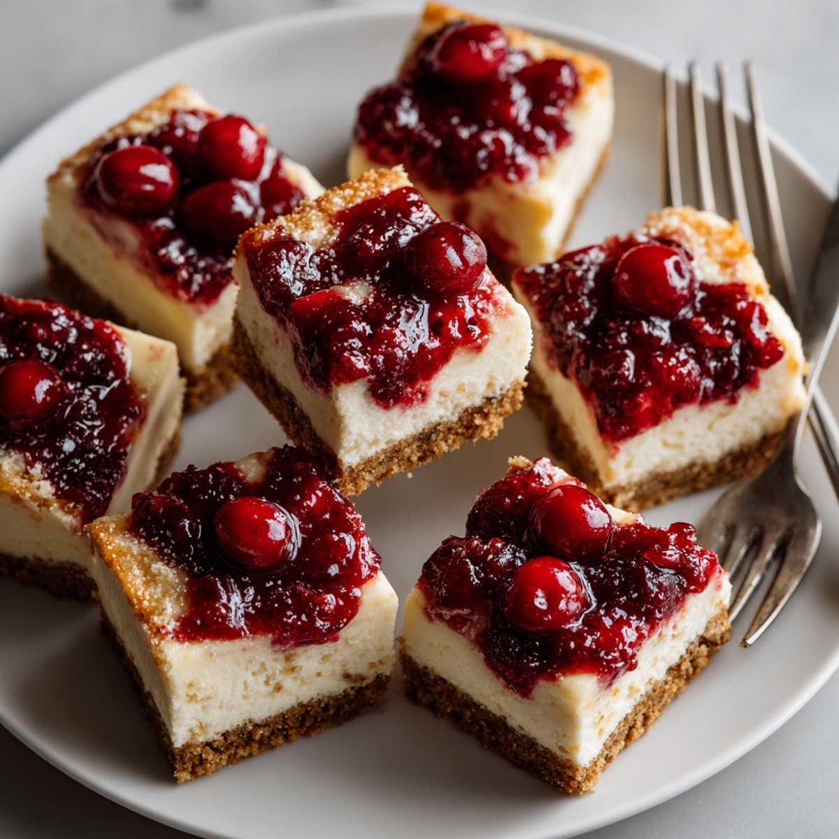 Vibrant image: Sweet and tangy Cranberry-Orange Cheesecake Bars ready to enjoy on a dessert plate.
