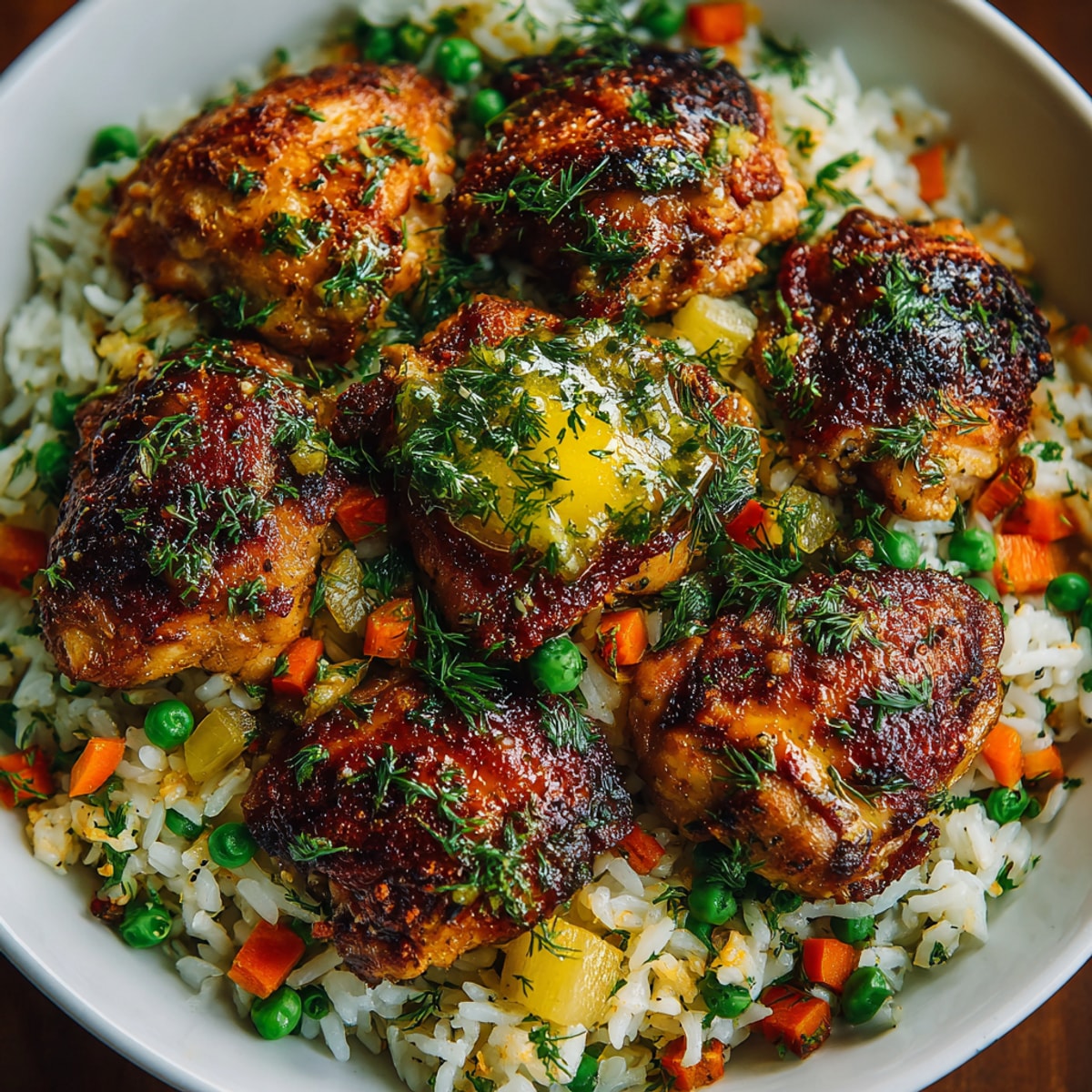 Golden brown Pickle Fix Herb Butter Chicken and Rice Skillet, a complete, aromatic one-pan meal.