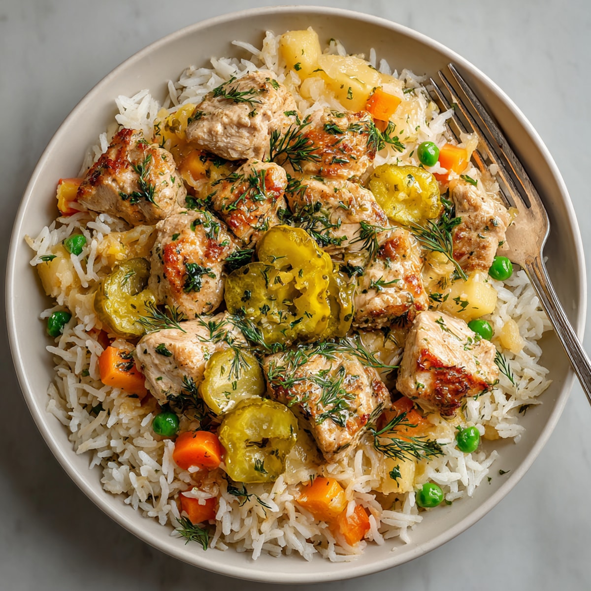 Close-up of the vibrant Pickle Fix Herb Butter Chicken and Rice Skillet, garnished with herbs and pickles.