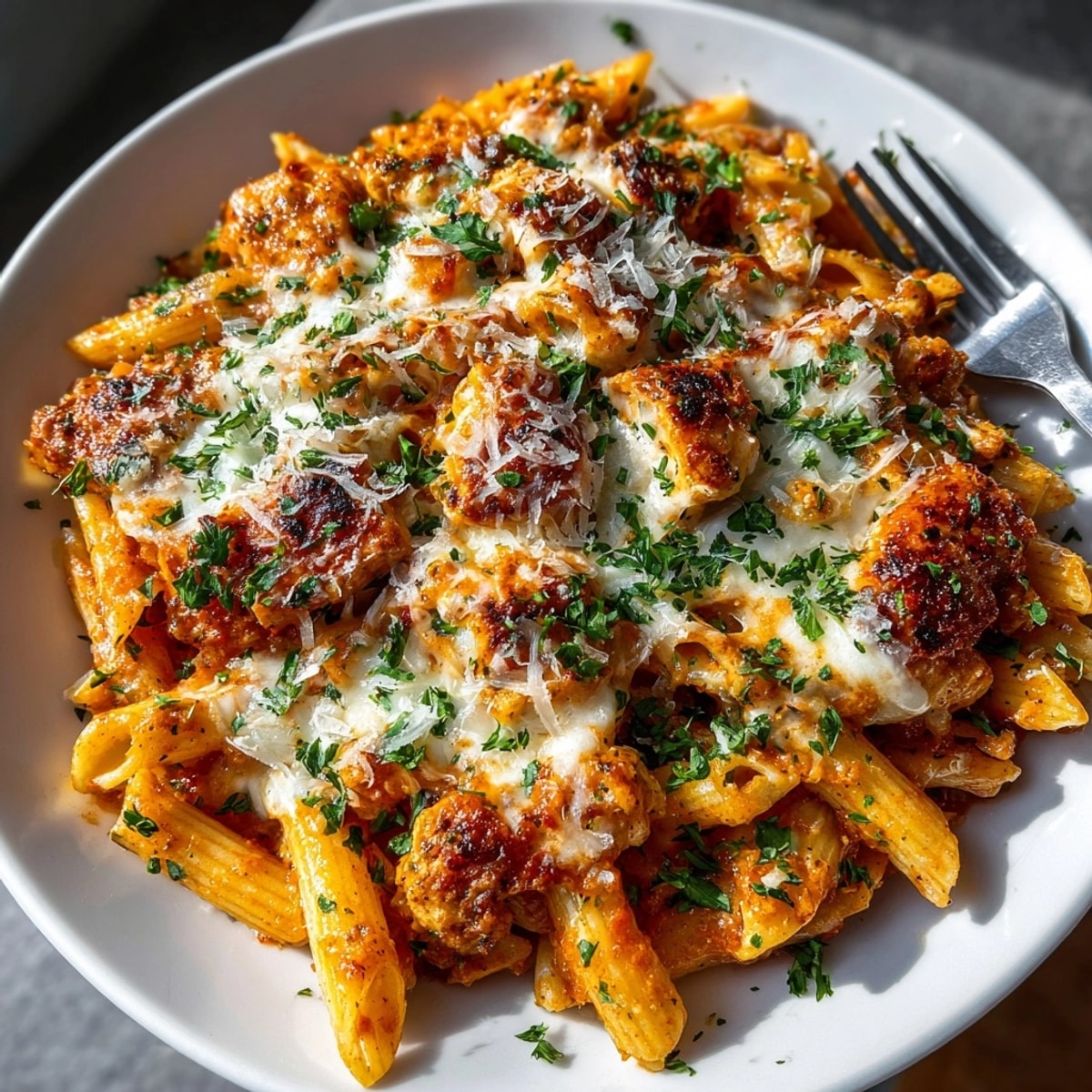 Creamy Budget-Friendly Chicken Parmesan Pasta, topped with melted cheese, a perfect cozy dinner.