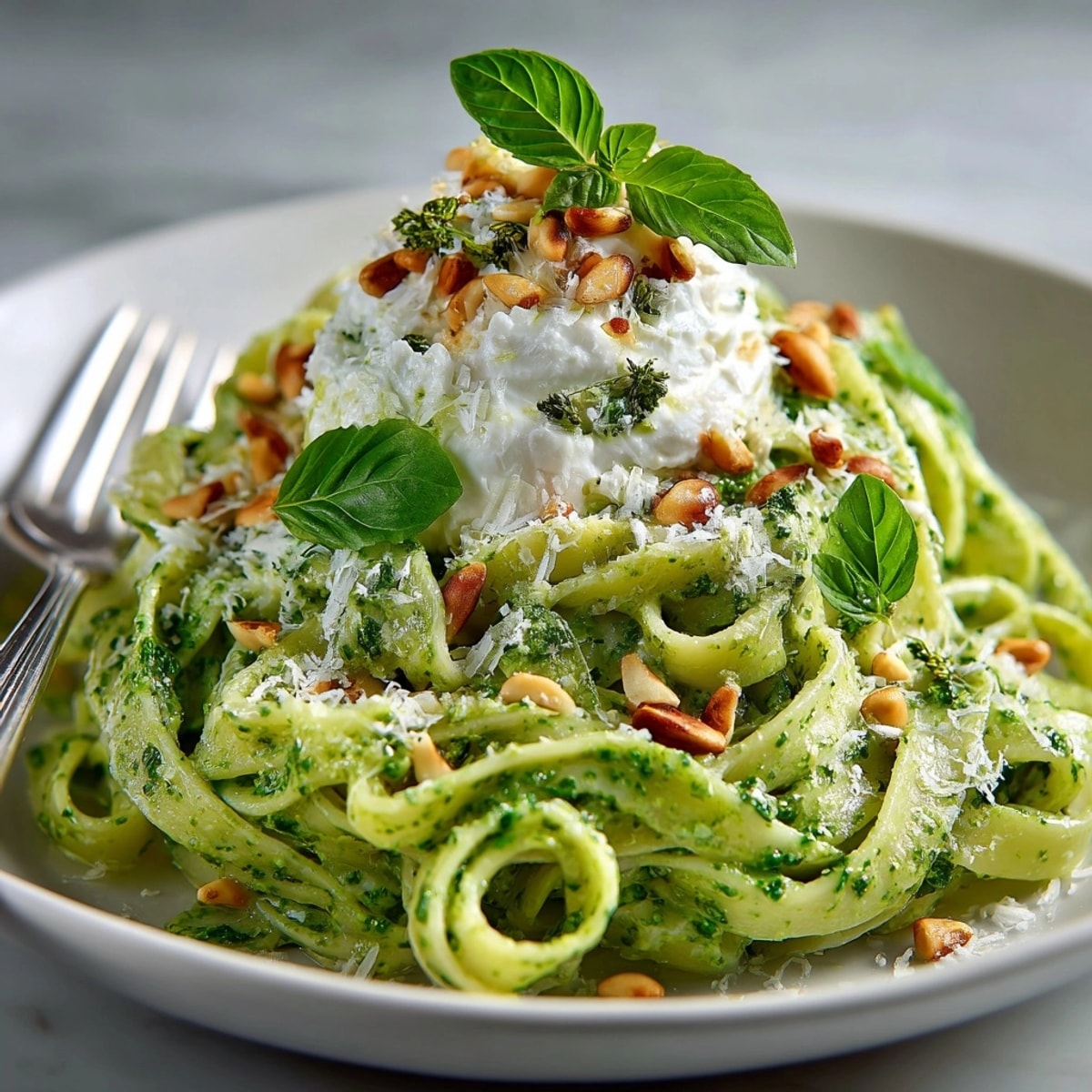 Vibrant ghoulish green pasta with pesto swirl, a delicious vegetarian Italian dish perfect for Halloween.