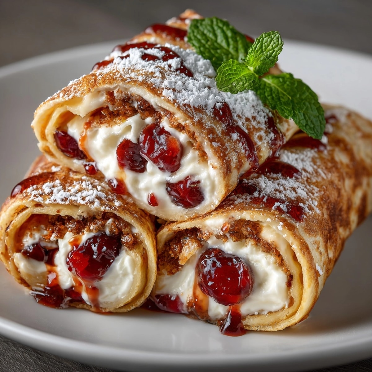 Warm, delicious cherry pie filling breakfast wraps, ready to eat, with a dollop of sweet filling and cinnamon.