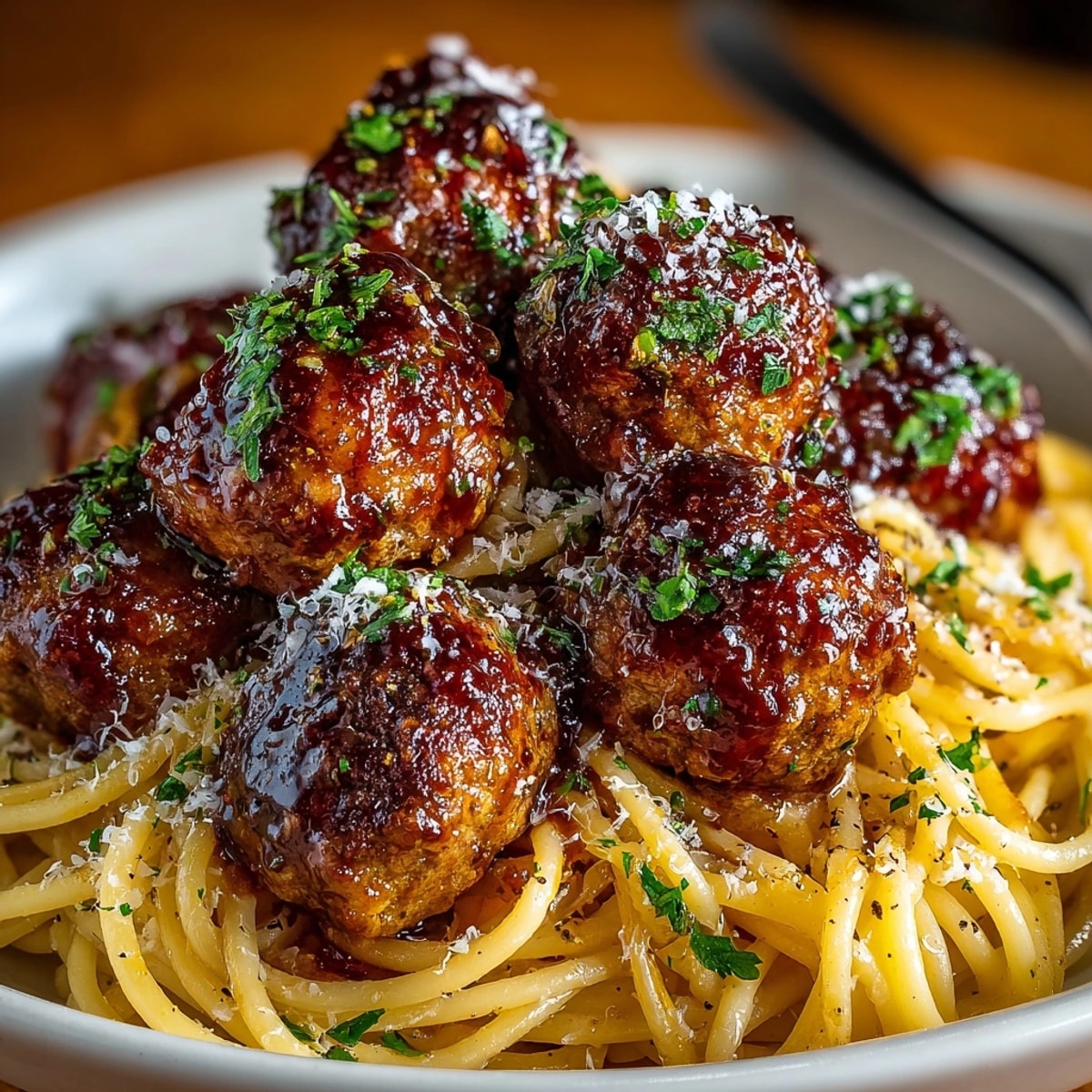 A close-up view of Cherry Cola Glazed Meatball Pasta, glistening with a tangy, dark sauce.