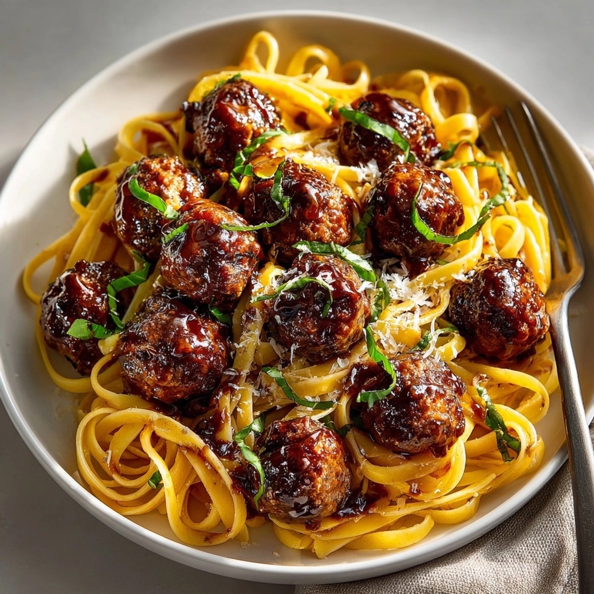 Delicious Cherry Cola Glazed Meatball Pasta, a comforting meal with meatballs and spaghetti in a sweet-savory glaze.