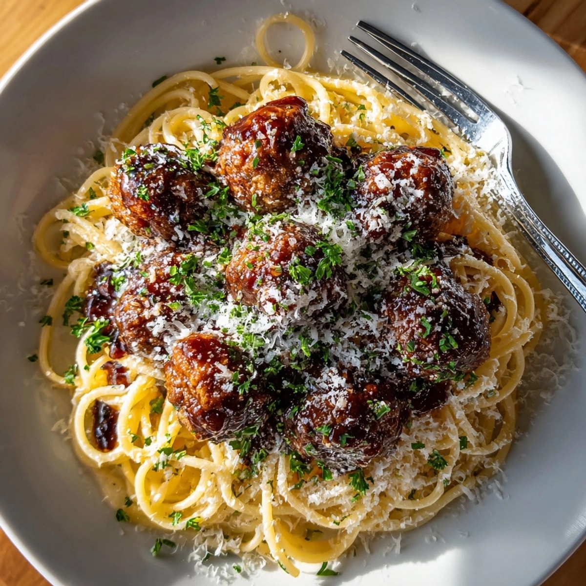 Tender meatballs coated in cherry cola glaze atop pasta in this delectable Cherry Cola Glazed Meatball Pasta dish.