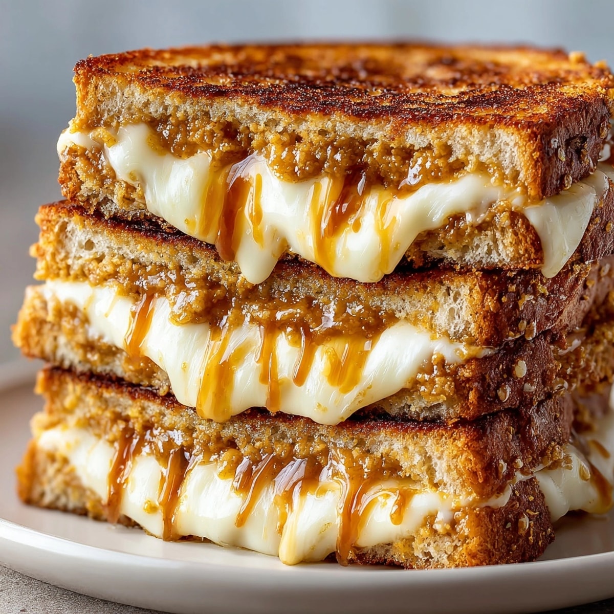 A golden-brown Halloween Pumpkin Spice Grilled Cheese sandwich cut in half, oozing cheese.