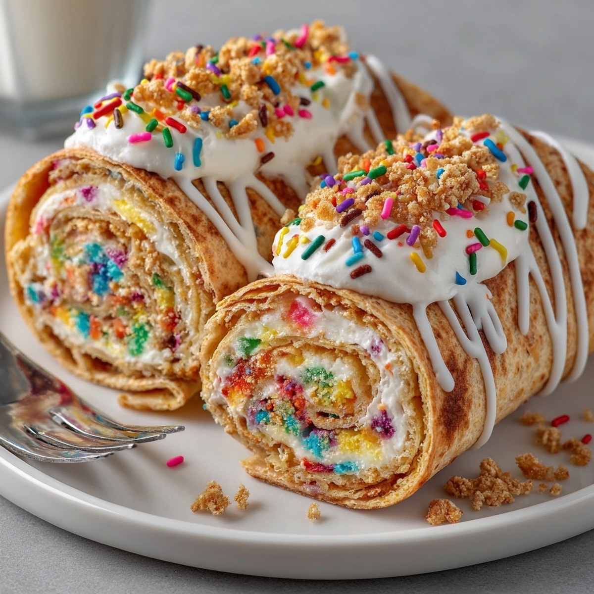 A close-up of a beautifully swirled Chaos-Style Confetti Birthday Cake Wrap, showing the colorful layers inside.