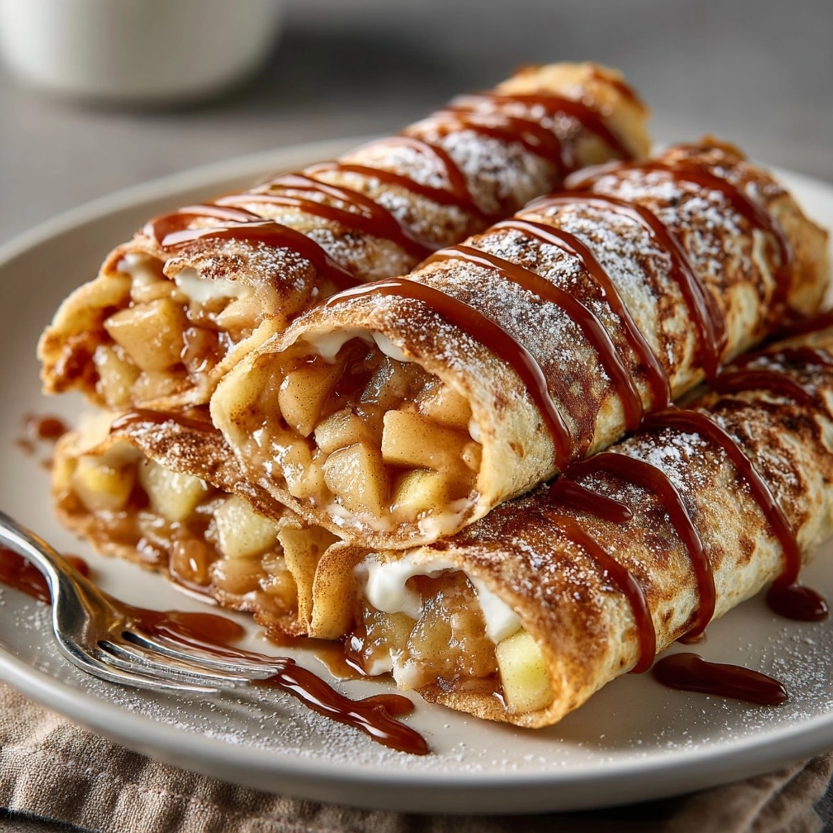 A perfect bite of Fall Caramel Apple Dessert Wraps shows caramelized apples inside a crisp, buttery wrap.