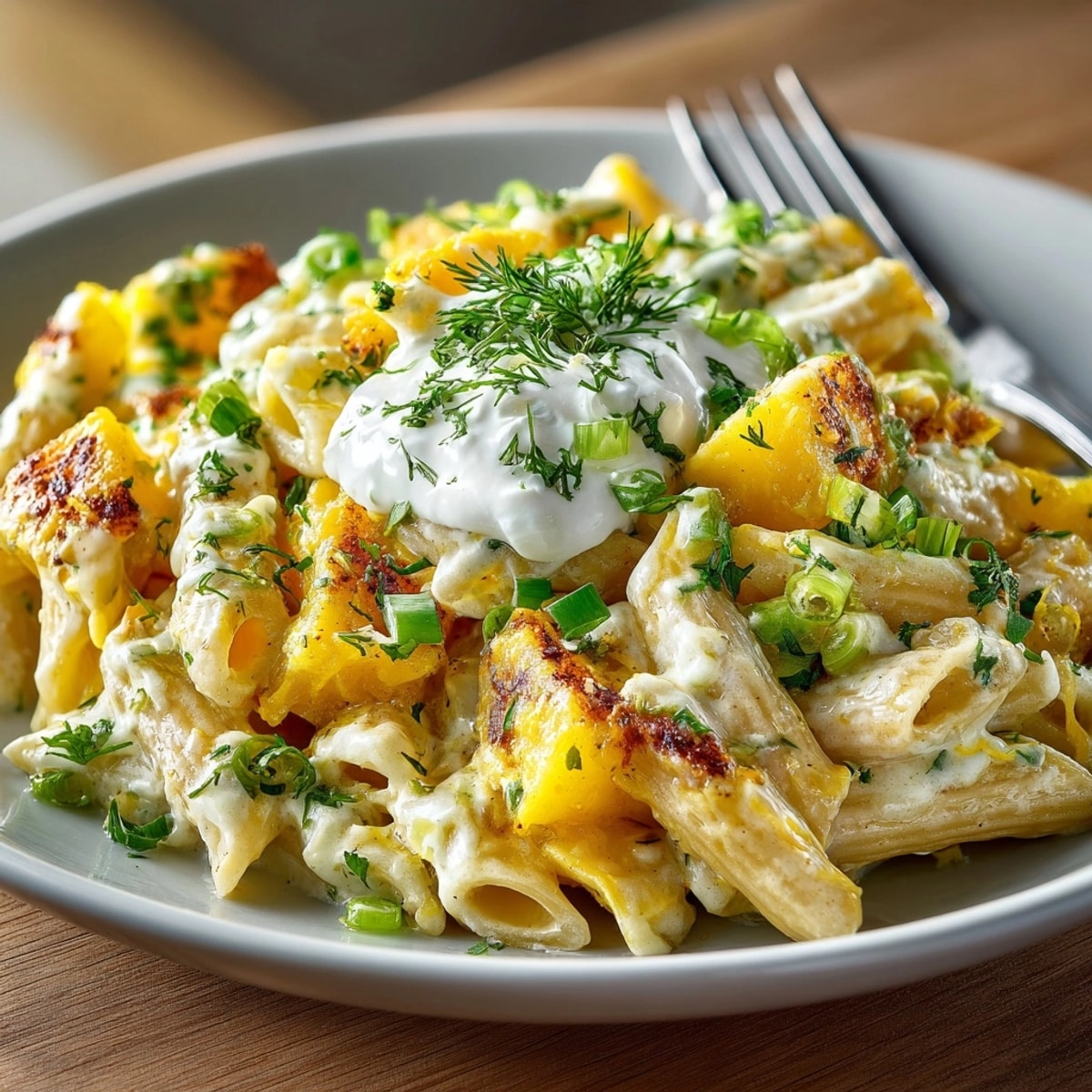 A forkful of Pickle and Cheddar Loaded Potato Pasta, showcasing creamy cheese and crispy pickles!