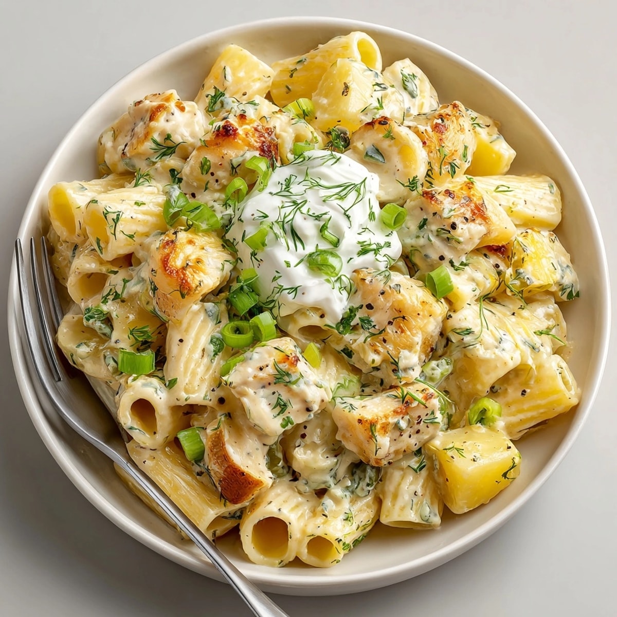 Sharp cheddar melts into pasta with pickles—the perfect, easy Pickle and Cheddar Loaded Potato Pasta.