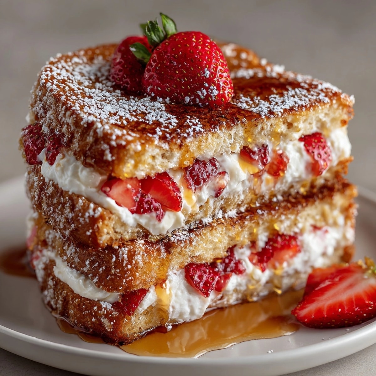 Strawberry cream cheese stuffed French toast, a decadent breakfast dripping with sweet maple syrup.