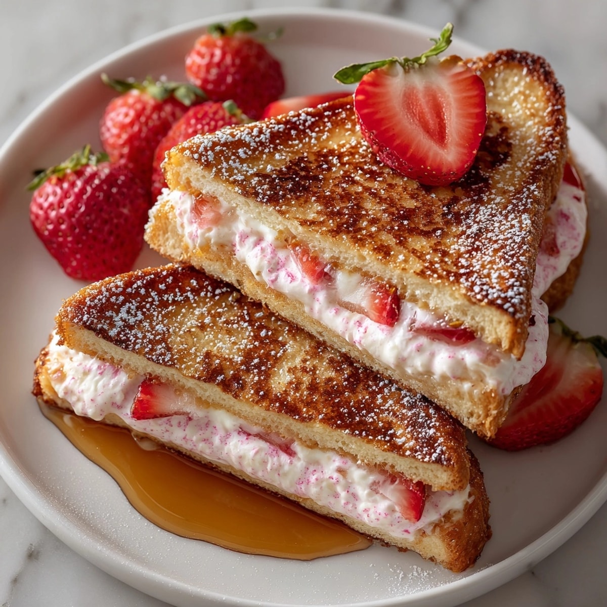 Plated strawberry cream cheese stuffed French toast, perfect with fresh strawberries and a powdered sugar dusting!