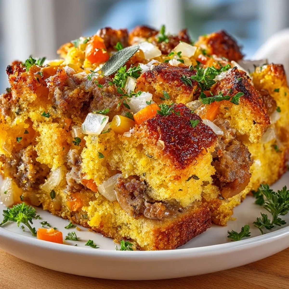 Golden, toasted sage sausage cornbread stuffing, a comforting homemade side dish for dinner.