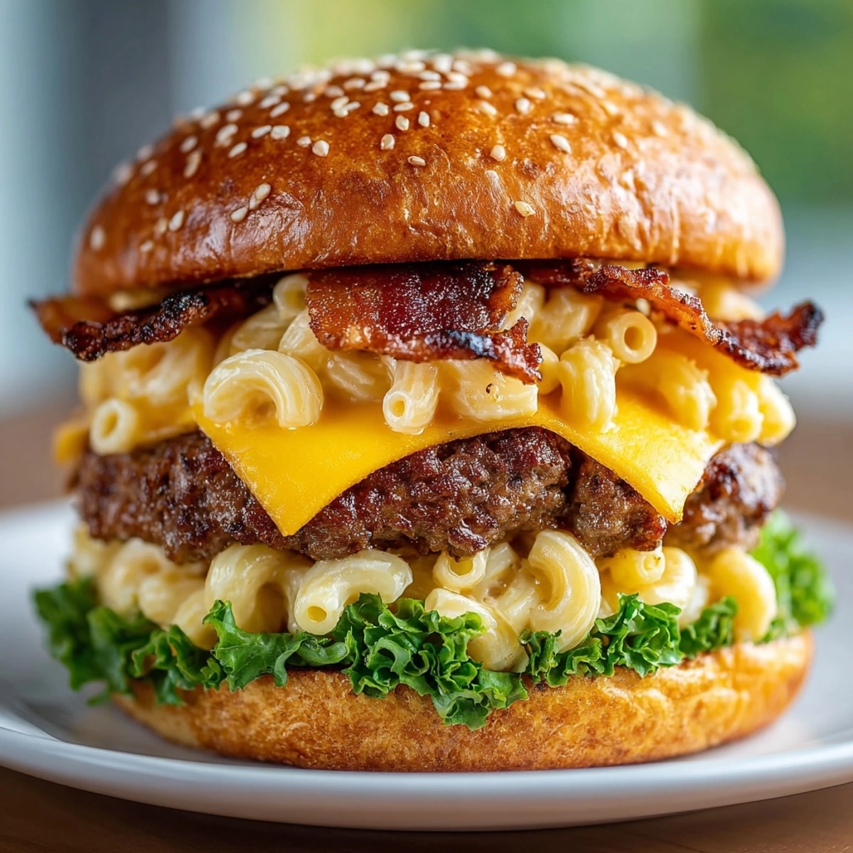 Juicy Bacon Mac and Cheese Burger with melted cheese, crispy bacon, and a toasted brioche bun.