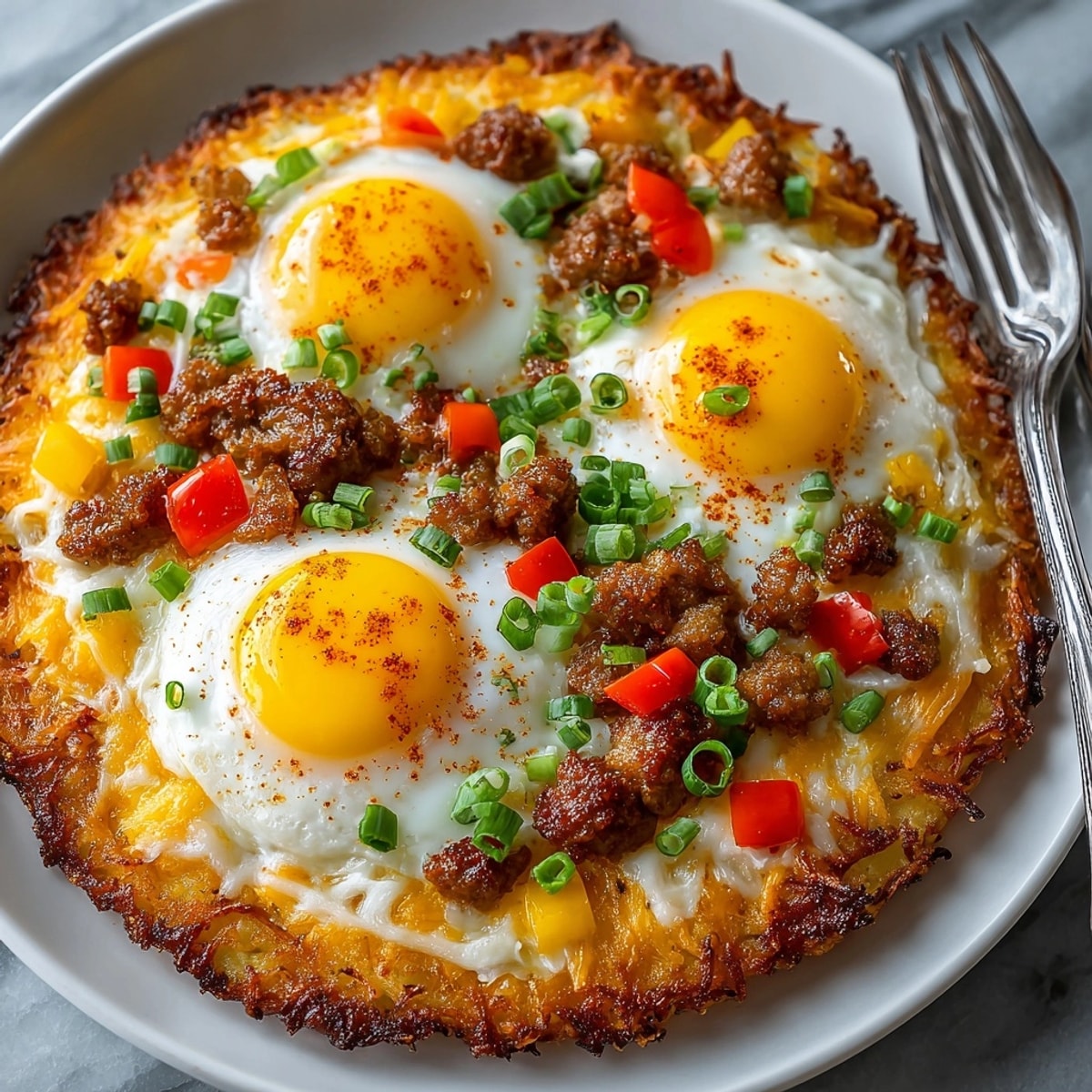 Golden-brown Breakfast Pizza with Hash Brown Crust, topped with baked eggs and cheddar cheese.
