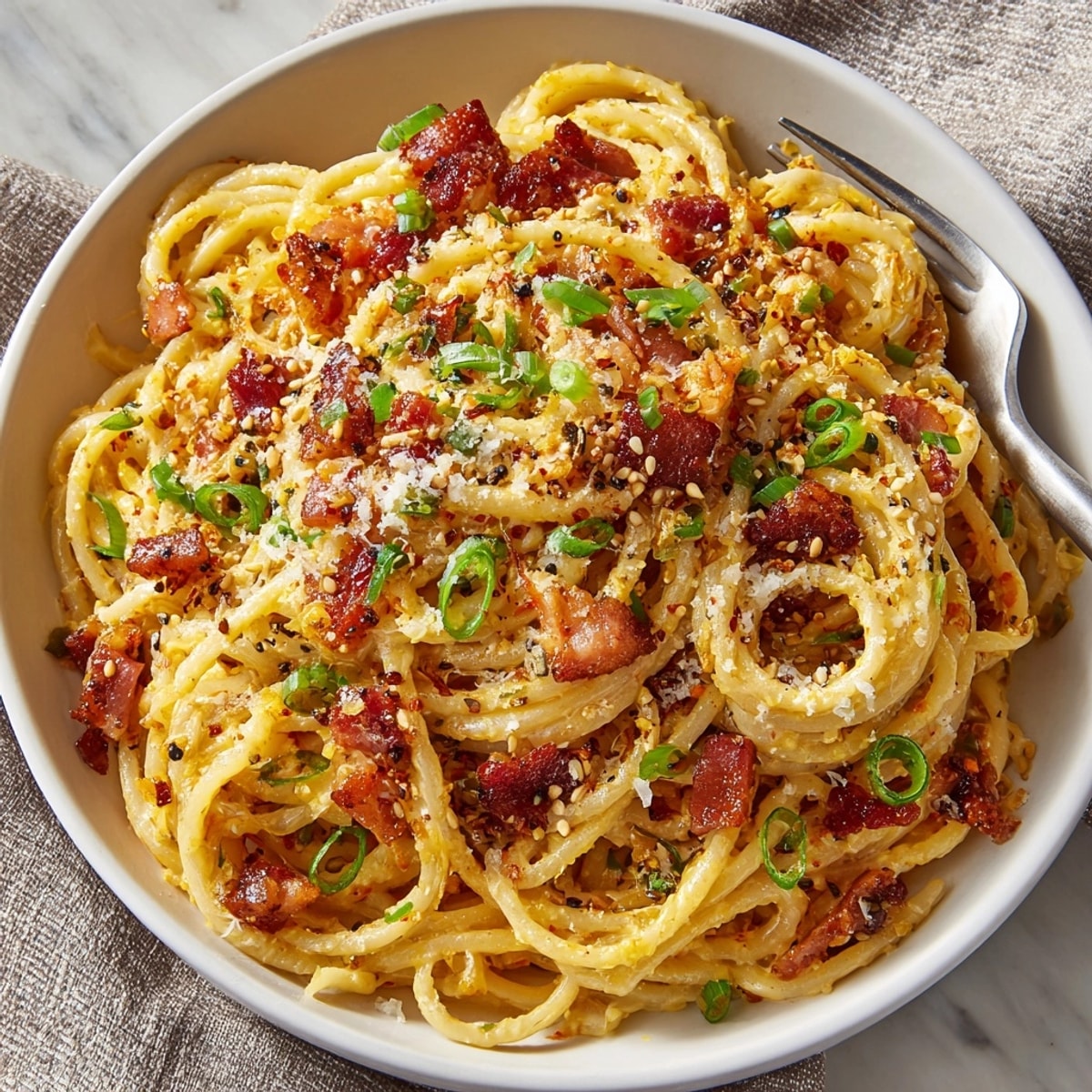 Korean Kimchi Carbonara, creamy pasta with crispy bacon and spicy kimchi topping.